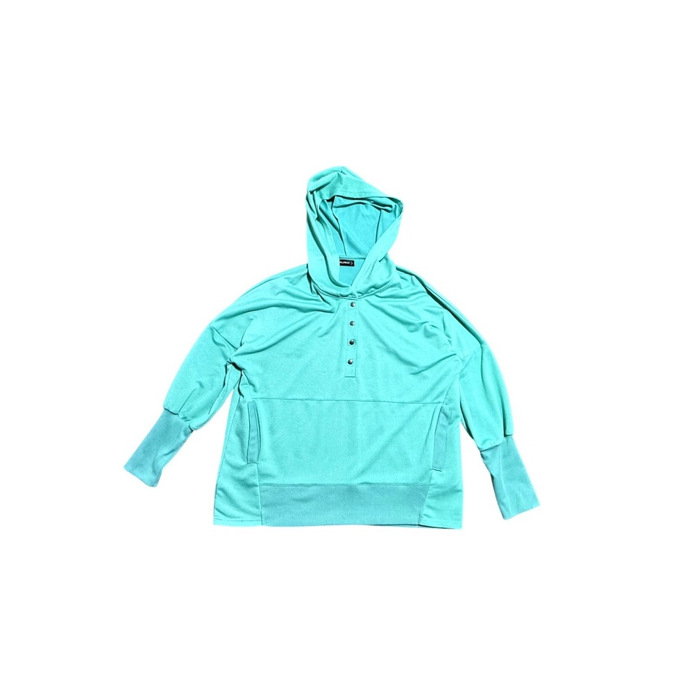 Funlingo Hoodie Womens Large Blue Henley Pullover Stretch Knit Kangaroo Pocket